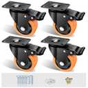 3" Caster Wheels Set of 4, Heavy Duty Casters with Brake, No Noise Locking Casters with Orange Polyurethane (PU) Wheels, Swivel Plate Castors Pack of 4