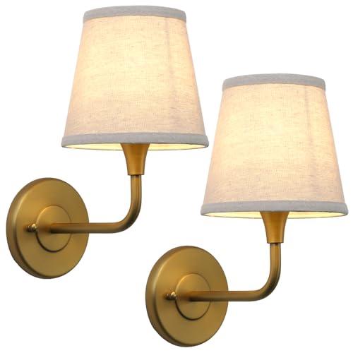 Phansthy Hardwired Brass Boho Wall Sconces Set of 2, Vintage Industrial Wall Lamps, Vanity Sconces Wall Lighting with Natural Fabric Shade for Bathroom Bedroom Living Room (Antique + Linen Shade)