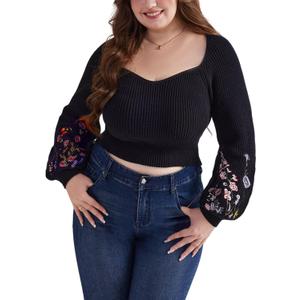 Plus Size Cropped Sweater for Curvy Women Oversized V Neck Lantern Sleeves Ribbed Knit Sweaters Long Sleeve Sweater, 2XL