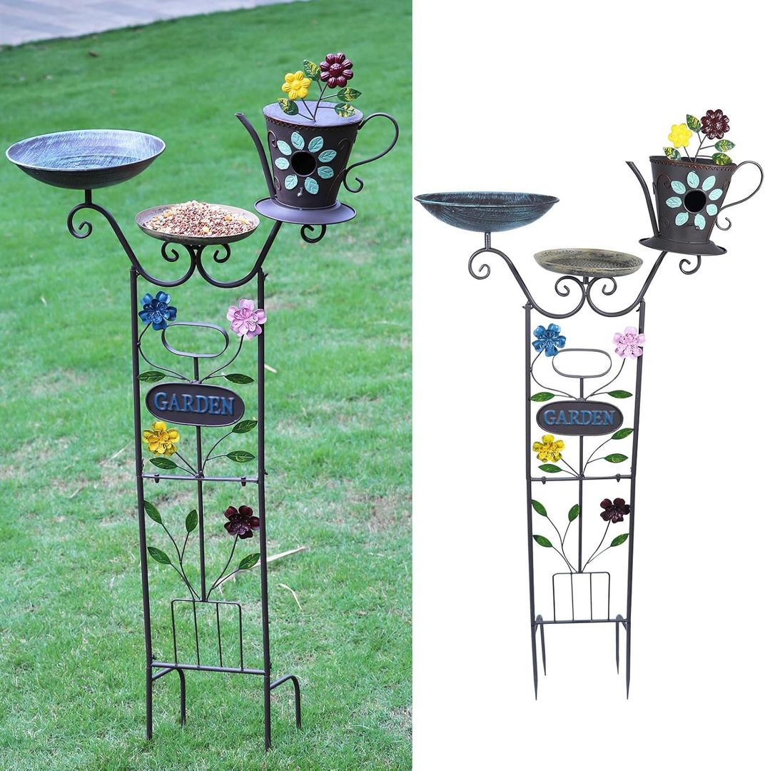 50.5" H Bird Bath and Metal Birdhouses for Outdoors,Metal Standing Bird Bath Feeder and Climbing Plant Trellis 4-in-1,Garden Yard Decor (Multicolor)