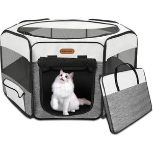 Dog Playpen, Portable Pet Play Pen Foldable Carrying Case, Puppy Pens Outsid for Small Cat Indoor/Outdoor, Removable Mesh Shade Cover (Grey)