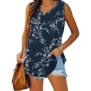 XIEERDUO Womens Tank Tops V Neck Basic Solid Color Casual Flowy Summer Sleeveless (3X-Large, 01-Dark Blue Print)