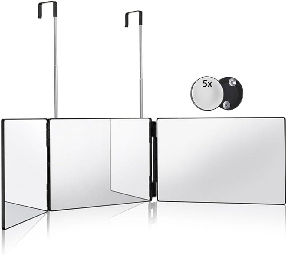 HIEEY 3 Way 360 Trifold Mirror with LED, Height Adjustable Telescoping Hooks,and 5X Magnification for Makeup,Hair Cutting/Styling (White)