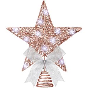 Sumind 9.8 x 11.8 Inch Christmas Star Tree Topper Glittered Star Metal Plug in Treetop Ornaments with Bow and 30 LED String Light for Christmas Tree Indoor Holiday Party Decoration(Gold Rose)
