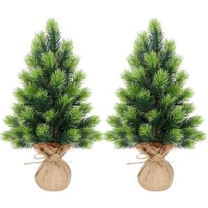 Lulu Home 2 Packs 16.5 Inch Artificial Mini Christmas Tree, Small Tabletop Desktop Xmas Tree with Burlap Base, Realistic Pine for Home Office Party Festival Decorations