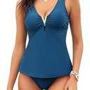 ZAFUL Women's Tummy Control Tankini Swimsuits V Neck Ruched High Waisted Bikini Sets Two Piece Bathing Suits (1-Blue, S)