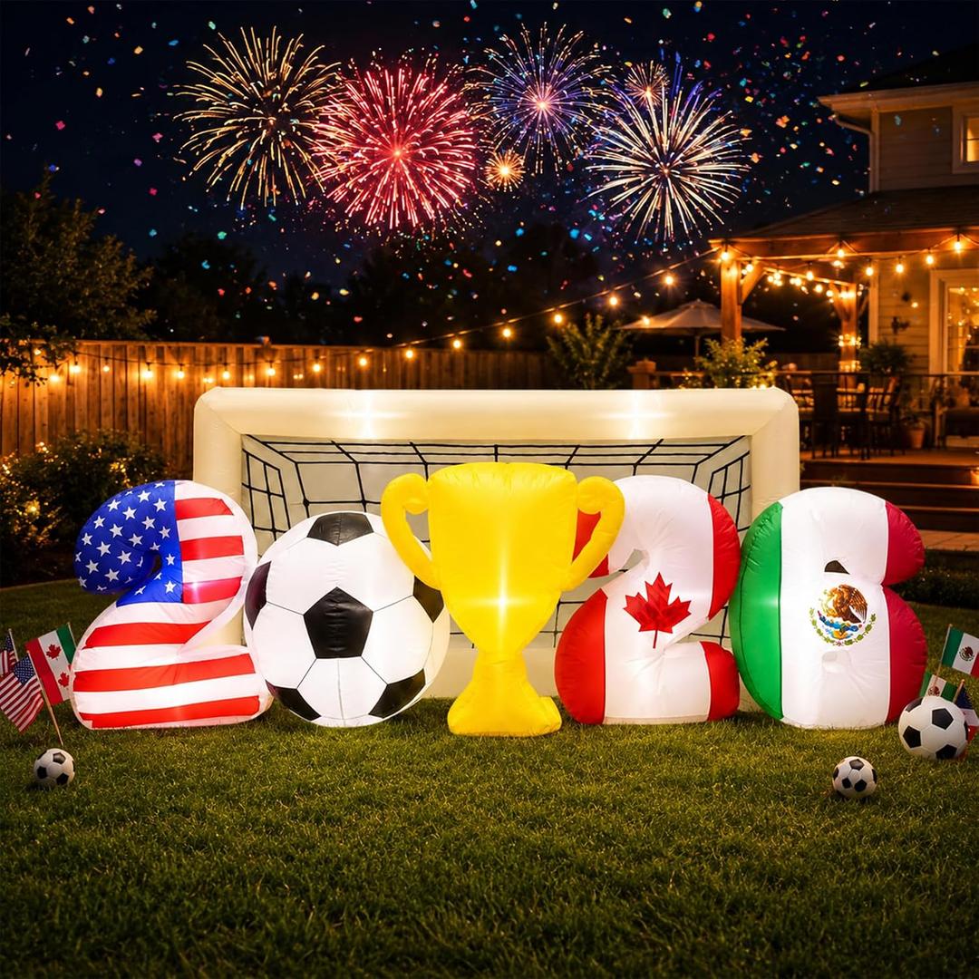 7FT Long Soccer World Cup Inflatables Decorations,2026 Giant Soccer Football Party Decorations,Football World Cup Trophy Blow Up with LED Lights,Inflatable Soccer Party Decor for Yard Garden Lawn