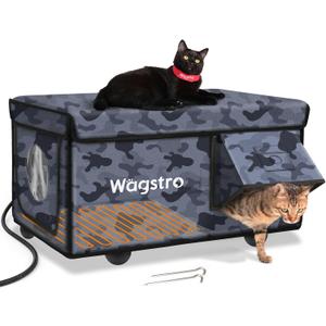 Heated Cat House for Outside, Waterproof Awning & Escape Door Heated Cat Houses for Indoor/Outdoor Cats in Winter, Elevated & Insulated Outdoor Cat Shelter for Feral Cat(Black Camo, 25"x16"x12")