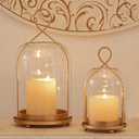 NUPTIO Glass Lanterns Decorative Outdoor: Gold Hurricane Candle Holders for Pillar Candles - Set of 2 Hanging Lantern for Home Thanksgiving Christmas Party Centerpiece