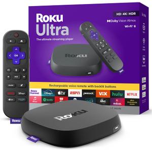 Roku Ultra - Ultimate Streaming Player - 4K Streaming Device for TV with HDR10+, Dolby Vision & Atmos - Bluetooth & Wi-Fi 6- Rechargeable Voice Remote Pro with Backlit Buttons - Free & Live TV