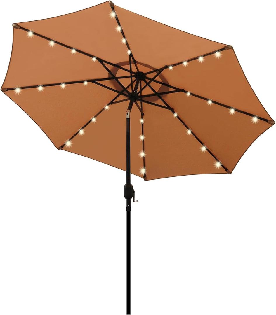 Blissun 9 ft Solar Umbrella, 32 LED Lighted Patio Umbrella, Table Market Umbrella, Outdoor Umbrella for Garden, Deck, Backyard, Pool and Beach (Tan)