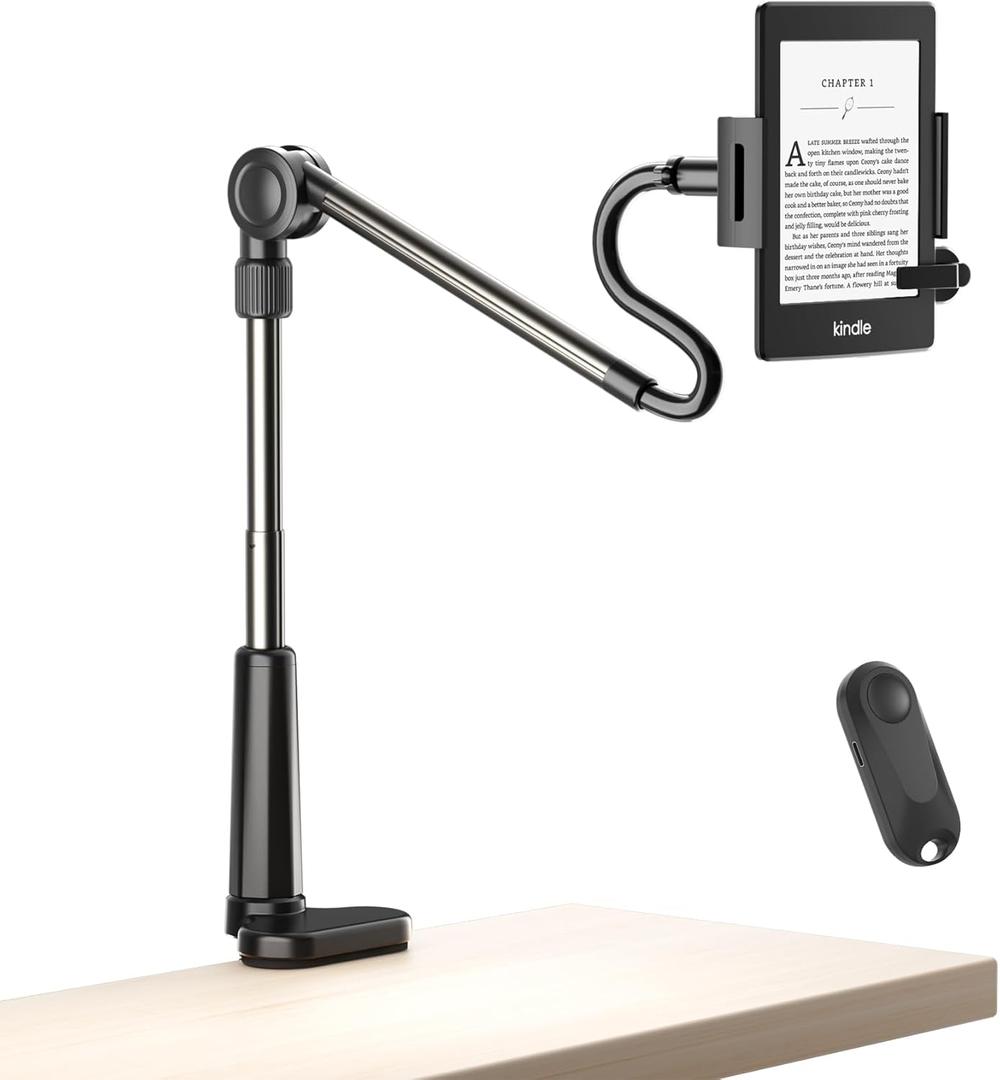 Foldable Tablet Holder for Kindle Reading in Bed with Remote Page Turner, No Stiff Easy Adjust Flexible Tablet Arm Desk Holder, Ereader Accessories for Kindle Paperwhite/Scribe/Oasis, iPad, Phone