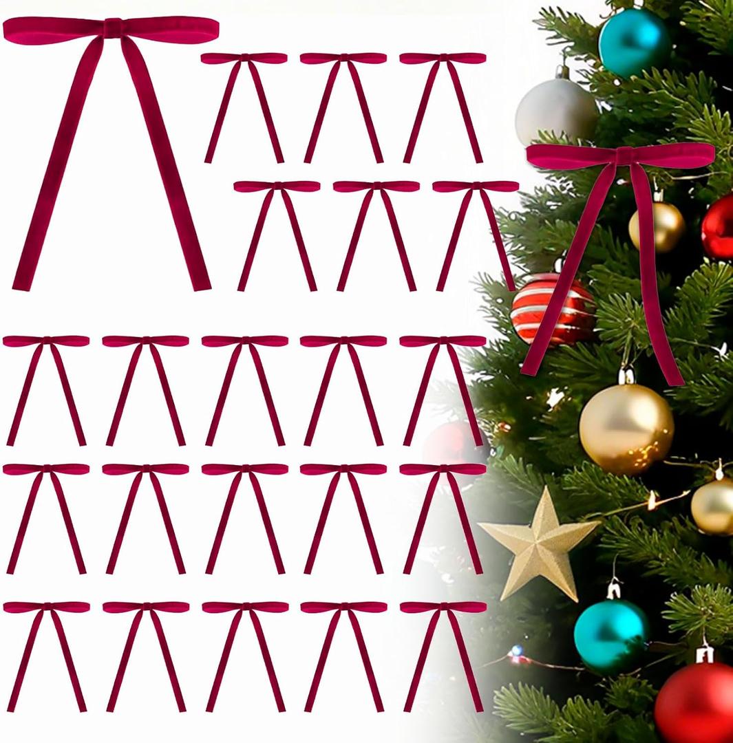 3 x 32pcs Velvet Bows for Christmas Tree Decorations, Pre-Tied Christmas Velvet Bows for Wreaths, Gift Wrapping, Garland, Fireplace Decor. (3/8" W, 5 * 7in) (Burgundy)