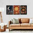 3Pcs Sun And Moon Celestial Wall Art Tarot painting Decor Pictures Astrology Gothic Wildflowers Star Canvas Posters Prints for Bedroom Office Living Room Bathroom Home Decoration Unframed