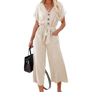 Acelitt Women's Ladies Fashion V Neck Short Sleeve Button Down High Waisted Belted Beige Wide Leg Jumpsuits XL