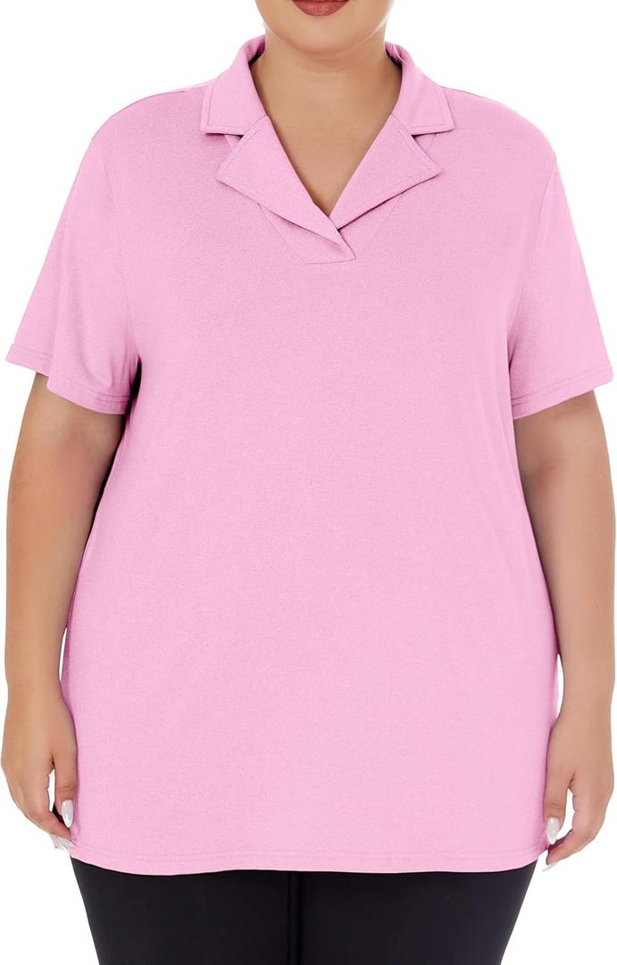 Plus Size Polo Shirts for Women Short Sleeve Golf Shirts V Neck Loose Fit Tennis Shirts Quick-Drying Workout Tops (Pink, XXL)