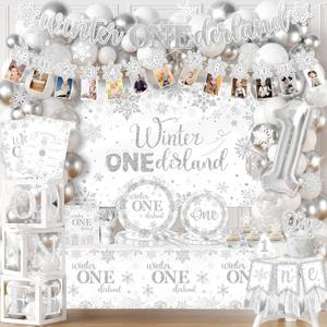 Winter Onederland 1st Birthday Decoration,Snowflake Party Decoration Include Plate,Napkin,Tablecloth,Banner,Balloon Arch First Birthday Decorations for Winter Wonderland PartySilver
