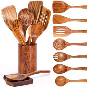 9 Piece Natural Teak Wooden Kitchen Utensil Set with Spoon Rest - Comfort Grip Cooking Spoons and Utensils Holder (9 PCS SET)