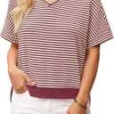 Fisoew Womens Short Sleeve Sweater Summer V Neck Striped Pullover Tops Casual High Low Loose Slit Cropped T Shirts (M)