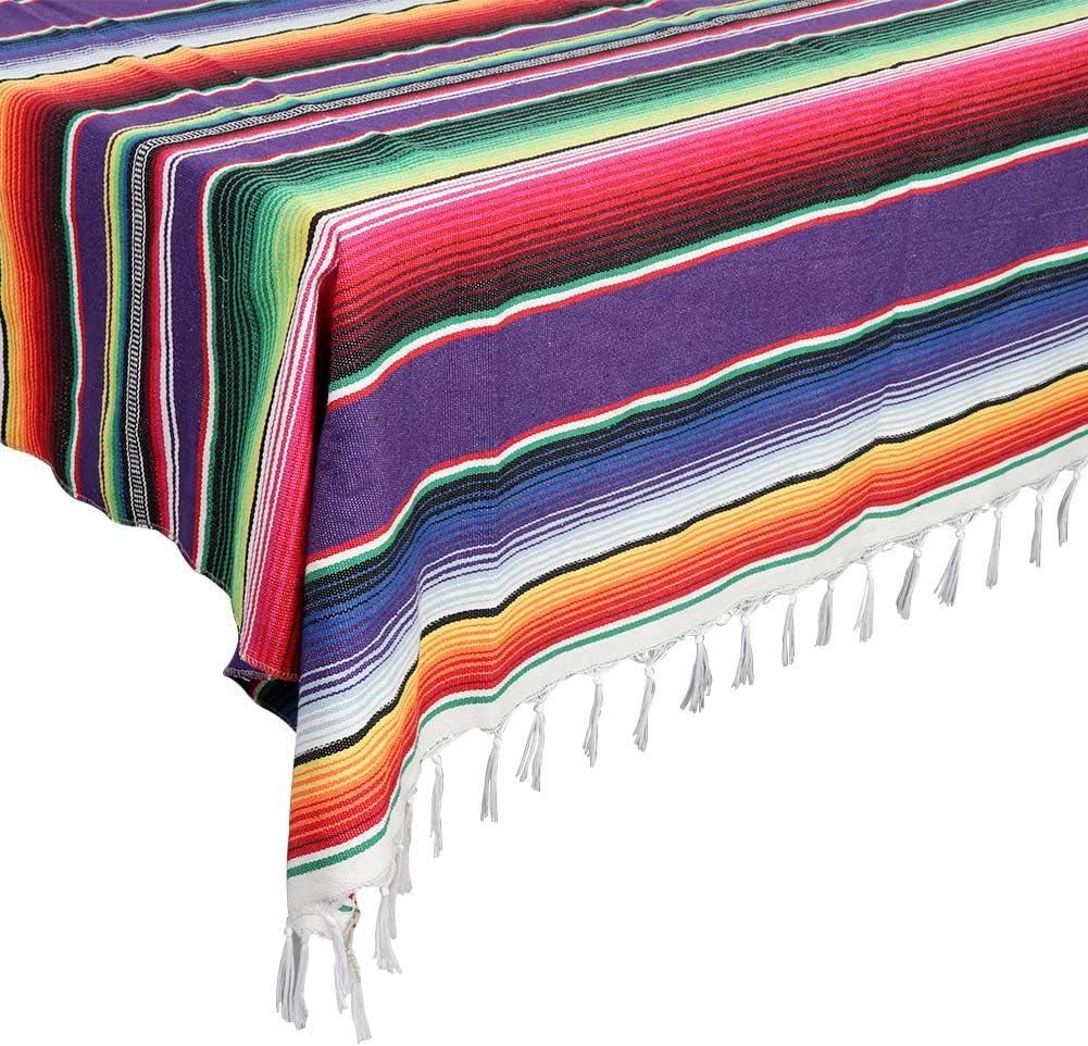 OurWarm 59 x 84 Inch Mexican Tablecloth Serape Blanket, Large Square Cotton Fringe Fiesta Tablecloth for Mexican Cinco de Mayo Party Decorations (Purple)