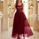 BeryLove Sequin Dress for Woman Vintage A Line Wedding Formal Swing Mesh Dress Sleeveless Cocktail Maxi Gowns (Red, XXL)