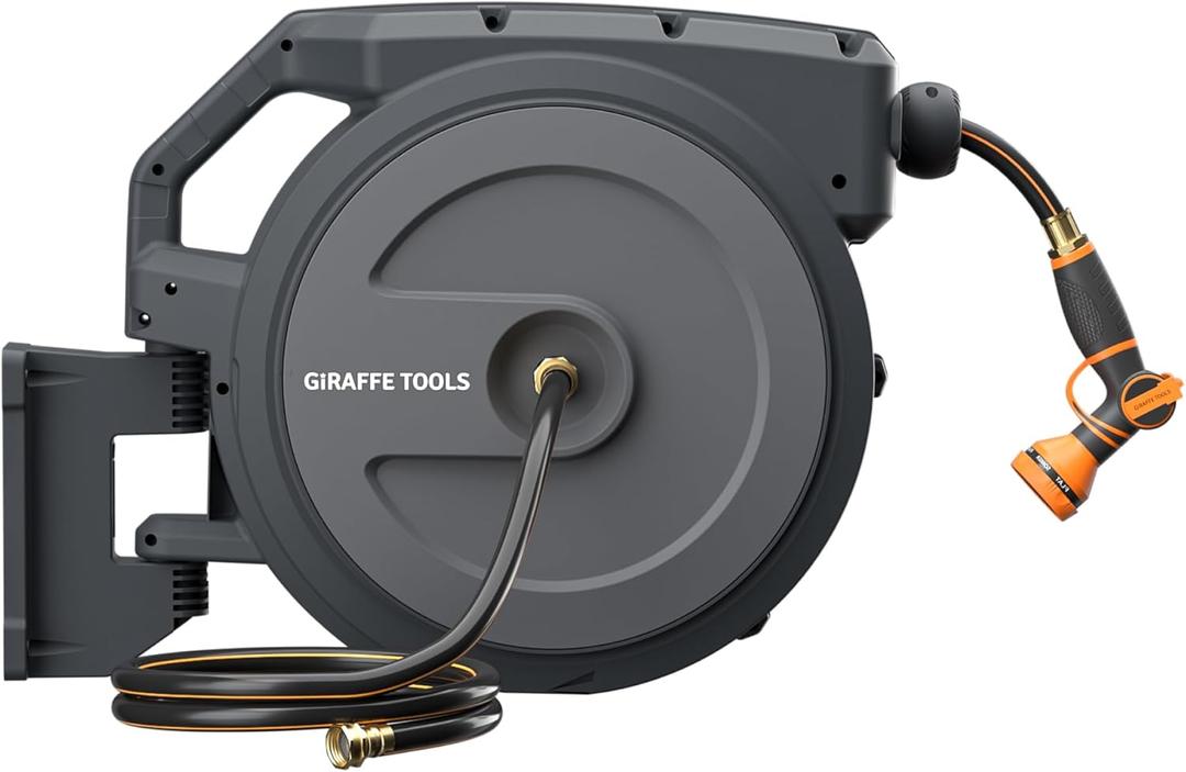 Giraffe Tools Heavy-Duty Wall-Mounted Hose Reel, 5/8" x 90 ft Retractable Hose with Automatic Rewind, 180 Swivel, Any-Length Lock & 9-Pattern Nozzle (Dark Grey)