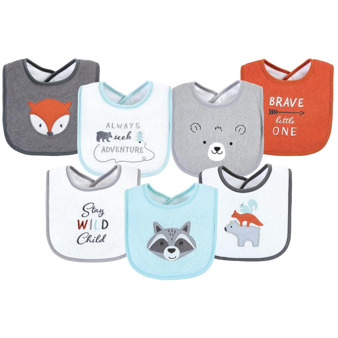Hudson Baby Unisex Baby Cotton Terry Drooler Bibs with Fiber Filling, Boy Gray Woodland, One Size