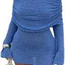 Unybwonn Women's Off Shoulder Mini Short Dress Bodycon Long Sleeve Crochet Sexy Going Out Mesh Elegant Sweater Dresses L