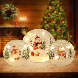 YEAHOME Christmas Decorations Indoor,Set of 3 Snowman Crackle Glass Ball with LED Lights Home Decor, Christmas Table Decorations Lighted Globes with Timer for Mantel Fireplace Tabletop (Golden)