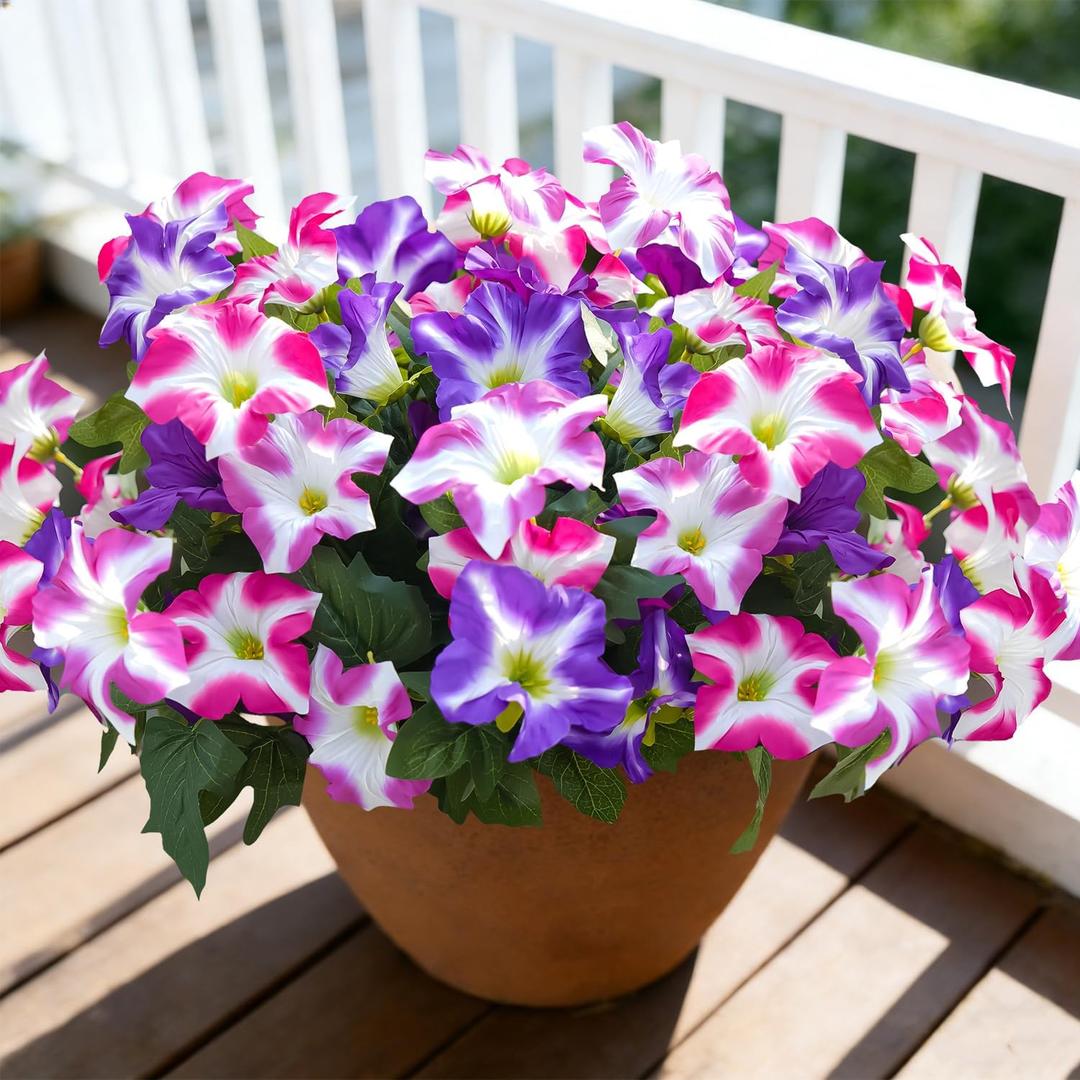 FULLMUSIC Spring Artificial Flowers for Outdoors, UV Resistant Fake Morning Glory, Look Real Faux Silk Plants for Front Door Garden Porch Planter (Fuchsia Purple)