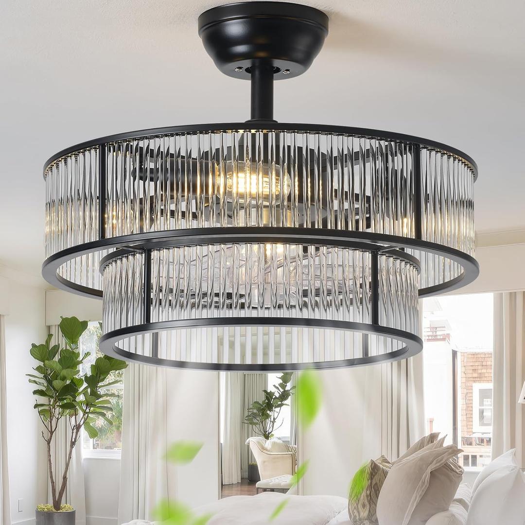 Black Fandelier Ceiling Fans with Lights, 20" Black Crystal Chandelier Ceiling Fan with Light Remote Control, Caged Mid Century with 6 Speeds for Bedroom, Living Room, Nursery