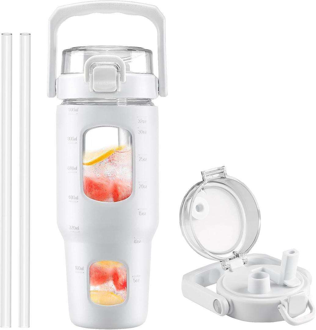Glass Water Bottle with Handle and Straw, Leakproof Sports Glass Bottle with Time Marker and Silicone Sleeve,  Glass Water Bottle for Travel, Gym, Workout, White