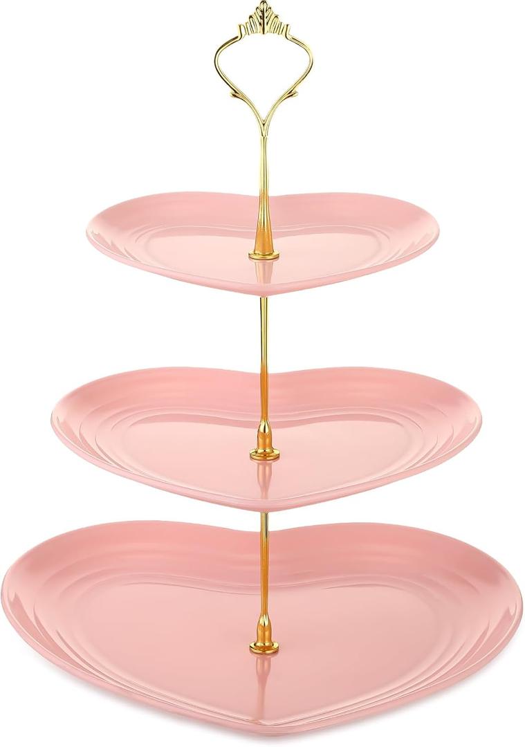 Layhit 1 Pack Easter 3 Tier Cupcake Stand Heart Shaped 3 Tiered Serving Trays for Party Plastic Tray Dessert Cupcake Stand for Tea Party Baby Shower Wedding (Pink)
