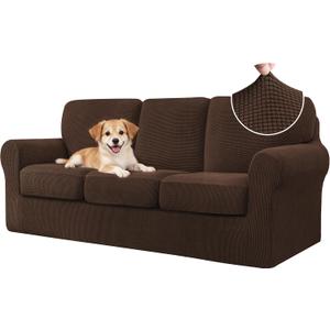 CHUN YI 7 Piece Couch Covers Sofa Covers Washable, Stretch Sofa Slipcovers for 3 Cushion Couch with Seperate Backrest and Cushion Covers, Anti Slip Furniture Protector for Dogs Pets (Large, Chocolate)