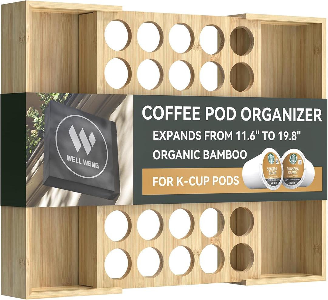 WELL WENG Larger Expandable Bamboo Coffee Pod Holder for Counter Drawer Display, 35 Pod Capacity, K-Cup Pods - Tea Bags Storage Organizer Holder (Bamboo)