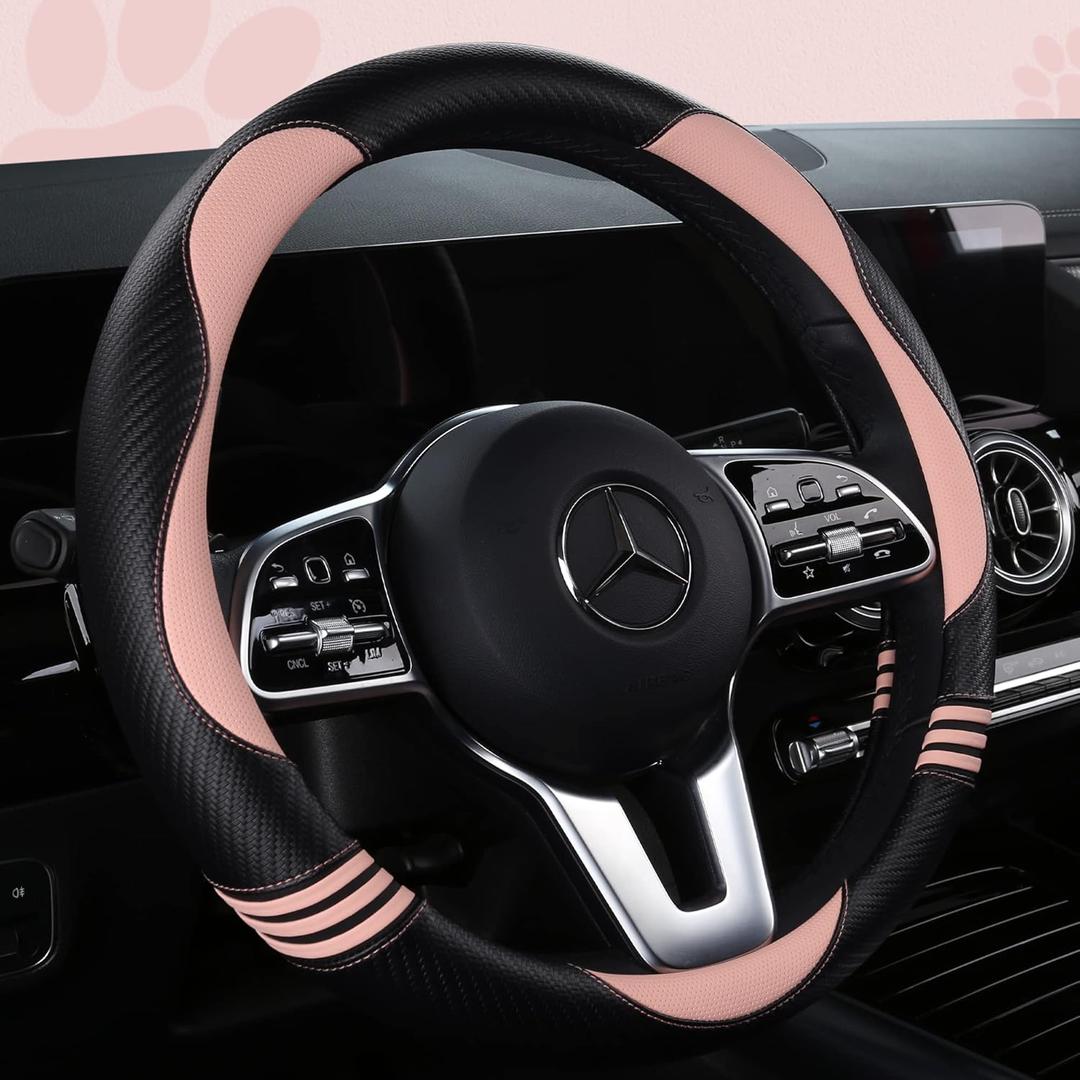 HighnessHwoo Car Steering Wheel Covers for Women Girl Padded Carbon Fiber PU Leather Cute Cartoon Auto Interior Accessories for Jeep, Truck, Universal, Anti Slip, Pink, Large Size, 15.2-16in
