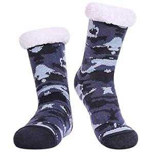 LANLEO Men's Fuzzy Ripple Slipper Socks Super Soft Warm Fleece Lining Knit Non Slip Winter Socks Blue Camouflage, ( One Size )