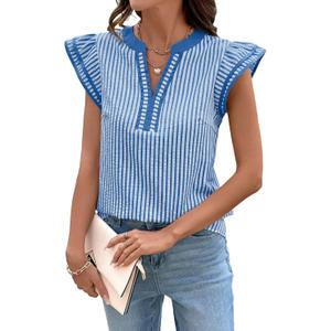 Dokotoo Womens Summer Tops Casual V Neck Cap Short Sleeve Striped T Shirts Loose Boho Blouses (Blue) L