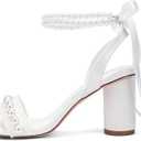 Block Heel Wedding Sandals Pearl Heels Wedding Shoes for Bride Open Toe Bridal Shoes (6, White)