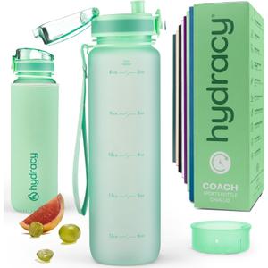 Hydracy Water Bottle with Time Marker -Large BPA Free Water Bottle & No Sweat Sleeve -Leak Proof Gym Bottle with Times to Drink - Ideal for Fitness Sports & Outdoors (Aqua Green)