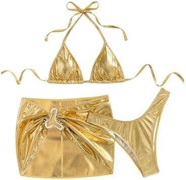 SOLY HUX Women's 3 Piece Swimsuit Metallic Halter Triangle Bikini Set Bathing Suit with Cover Up Beach Skirt, Size M