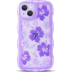 NITITOP Compatible with iPhone 15 Case Cute Clear for Women Girls Flower Floral Bling Glitter Sparkling Star Wave Curly Frame Soft TPU Shockproof Camera Protective Cover - Purple