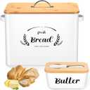 Qinyoung 2 Pcs Large Bread Box Set for Kitchen Countertop with Ceramic Butter Dish Holder Bamboo Lid Knife Metal Bread Holder Farmhouse Kitchen Storage Container for Home Housewarming Gift(White)