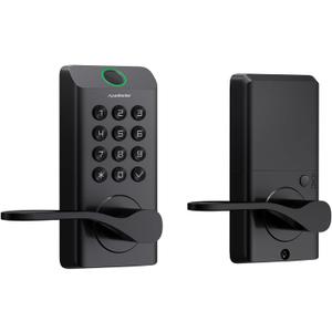 Fingerprint Keyless Entry Door Lock, Biometric Door Knob with Handle, Keypad Digital Code Lock for Front Door, Superior Durability & Voice Guidance, Matte Black