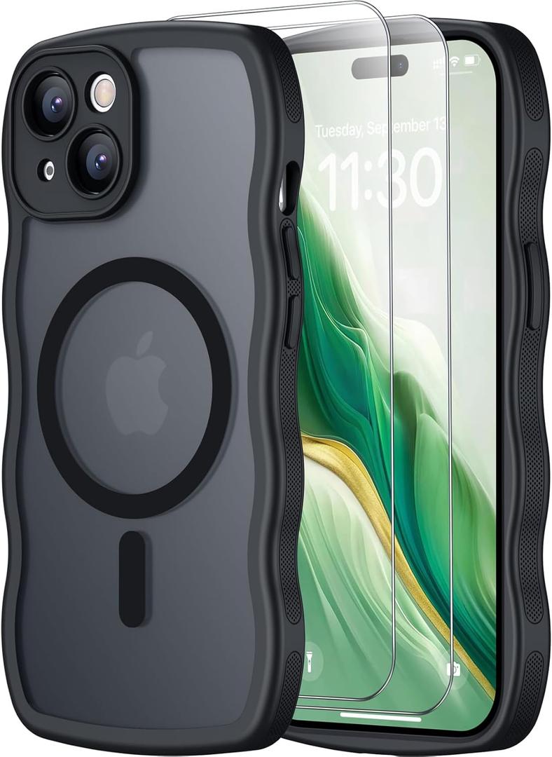 SPIDERCASE Magnetic for iPhone 15 Case, [Curly Wavy Edge] with [2 Tempered Glass Screen Protector] [Full Camera Protection] Anti-Fingerprint Anti-Scratch Case for iPhone 15 6.1, Black