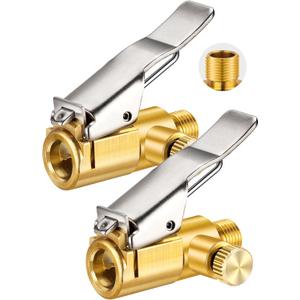 2-Pack Locking Tire Air Chuck, Brass Tire Inflator Hose Adapter w/Clip Adapter & Release Button for Lock On, No Leakage Air Compressor Pump Clip On Tire Chuck Nozzle Adapter Connect Accessories Tool (Quick Release Type)