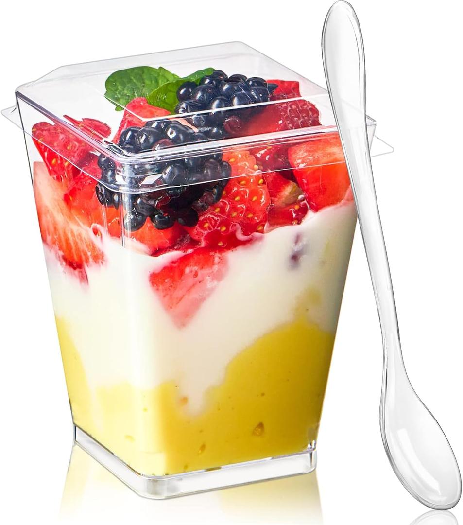 TOFLEN 50 Pack 5 oz Plastic Dessert Cups with Lids for Party, Mini Dessert Cups with Spoons Dessert Shooter Cups for Yogurt Parfait, Appetizer, Pudding, Fruit and Ice Cream