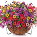 HyeFlora Artificial Fake Hanging Plants Flowers with Basket Outdoor Decor Faux Silk Dasiy Flower Arrangements in Pot Planter for Porch Home Indoor Patio Garden Yard Decoration