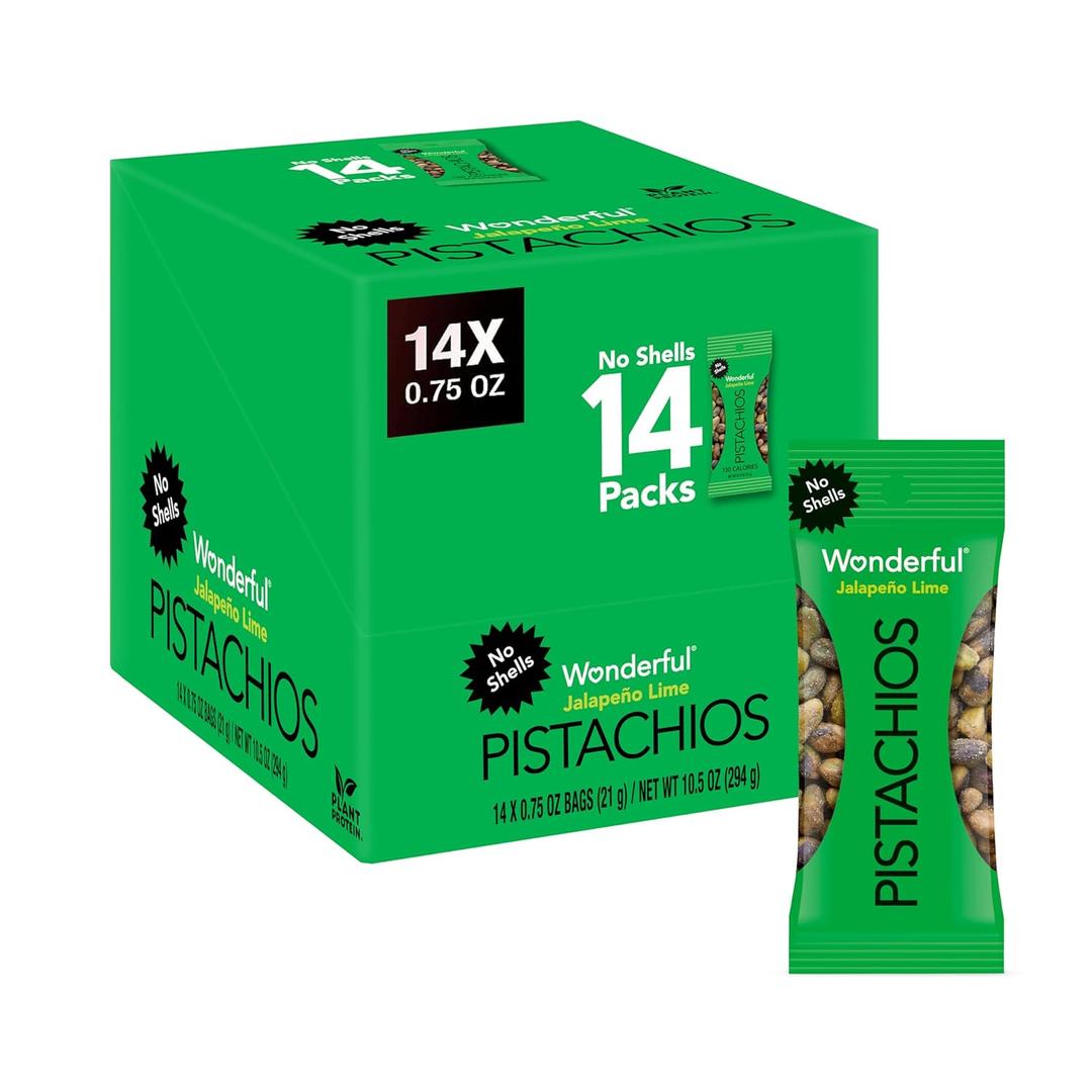 Wonderful Pistachios No Shells, Jalapeo Lime Nuts, 0.75 Ounce Bags (Pack of 14), Protein Snacks, Gluten Free, On-the-Go, Individually Wrapped Healthy Snack
