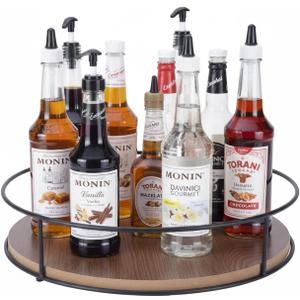 Rotating Coffee Syrup Organizer, 6 Bottle Wood Syrup Rack, Metal Syrups Holder for Countertop, Turntable Wine Display Tray, Coffee Station Bar Accessories & Essentials